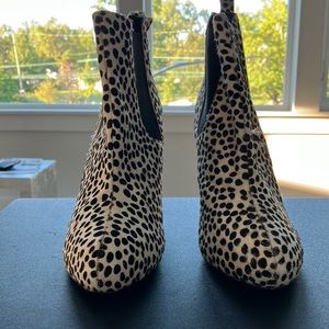 Absolutely striking pony hair black dotted chunky-heeled bootie!